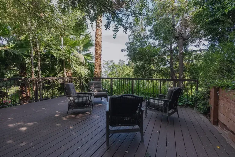 Outdoor deck with seating.