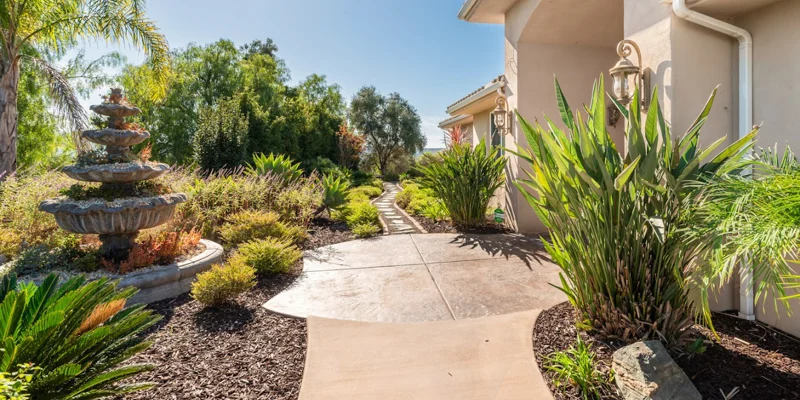 Outdoor walkway in front of facility with landscaping and a fountain.