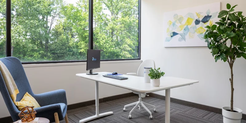 Office with a desk, chair, and decor.