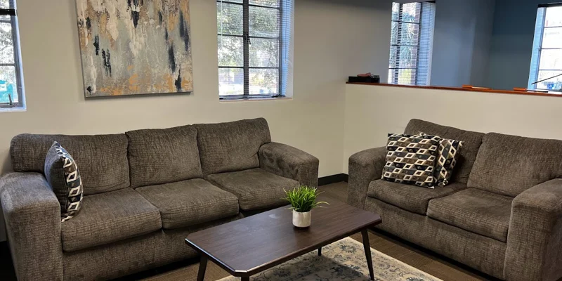 Comfortable lounge space with two gray sofas and modern decor.