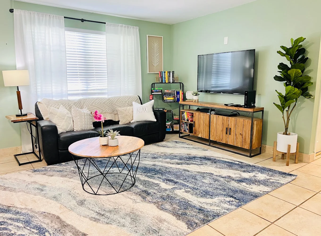 Cozy living room with couch, TV, and bookshelves.