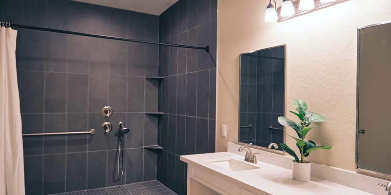 Spacious modern bathroom with double sinks and shower.