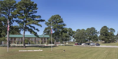 Facility exterior lawn with flags.