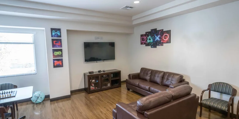 Lounge area with couches and video and board games.