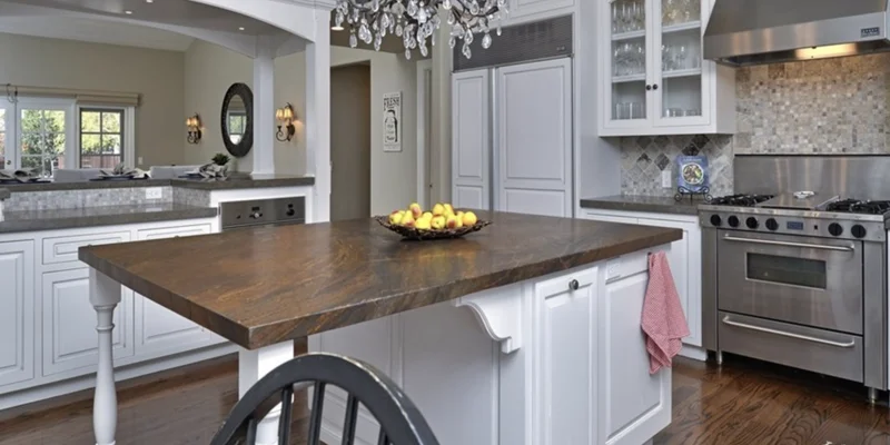 Kitchen with an island and seating.