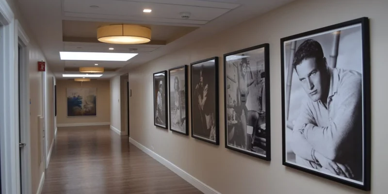Hallway with framed black-and-white celebrity portraits.