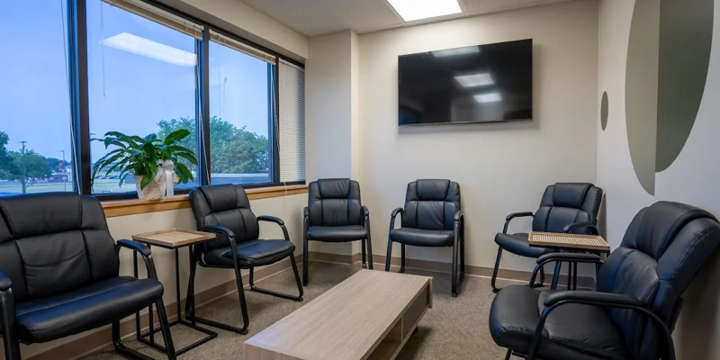 Group therapy room with black chairs, a TV, and large windows.