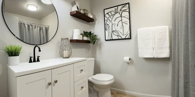 Bathroom with tiled floor and sink, with decor.
