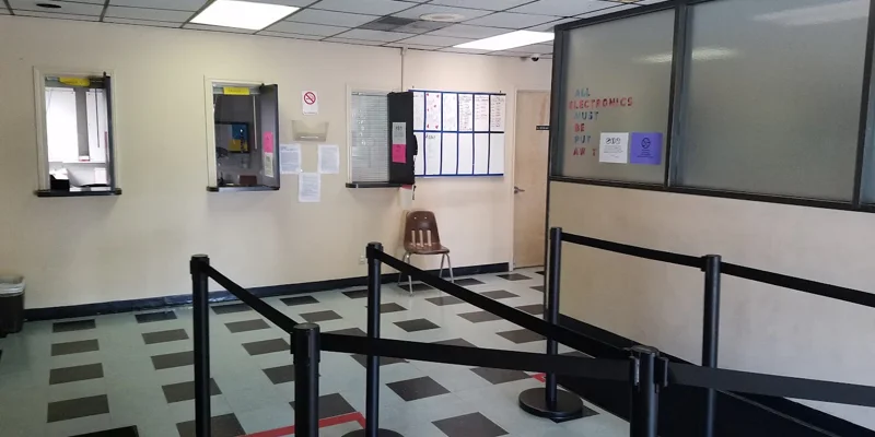 Waiting area with queue barriers.