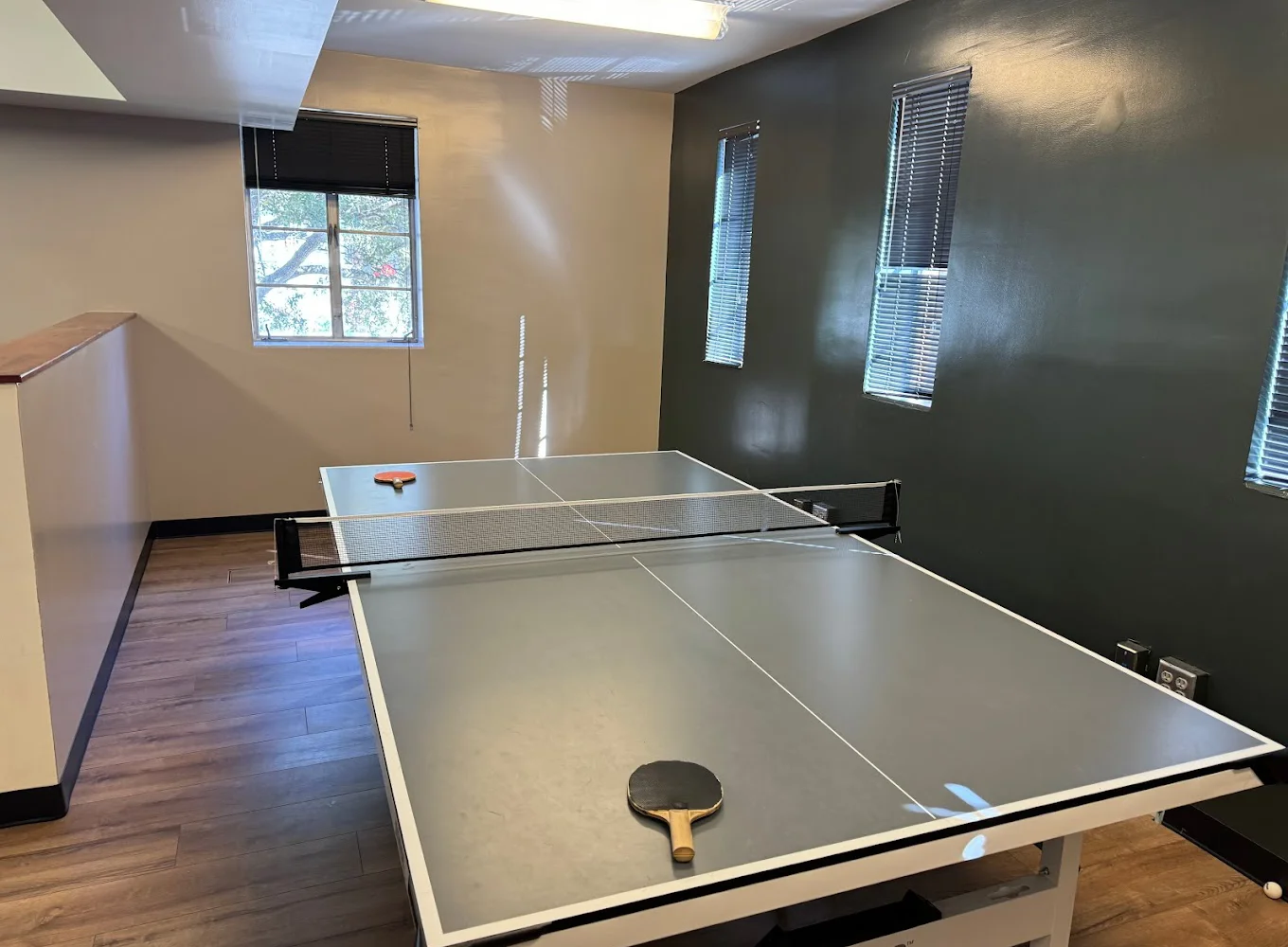 Recreational area featuring a ping pong table and dark green walls.