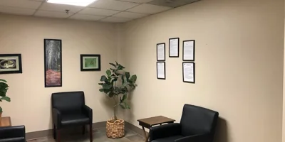 Waiting area with chairs, wall art, and potted plant