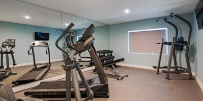 Gym with treadmills, weights, and exercise machines.