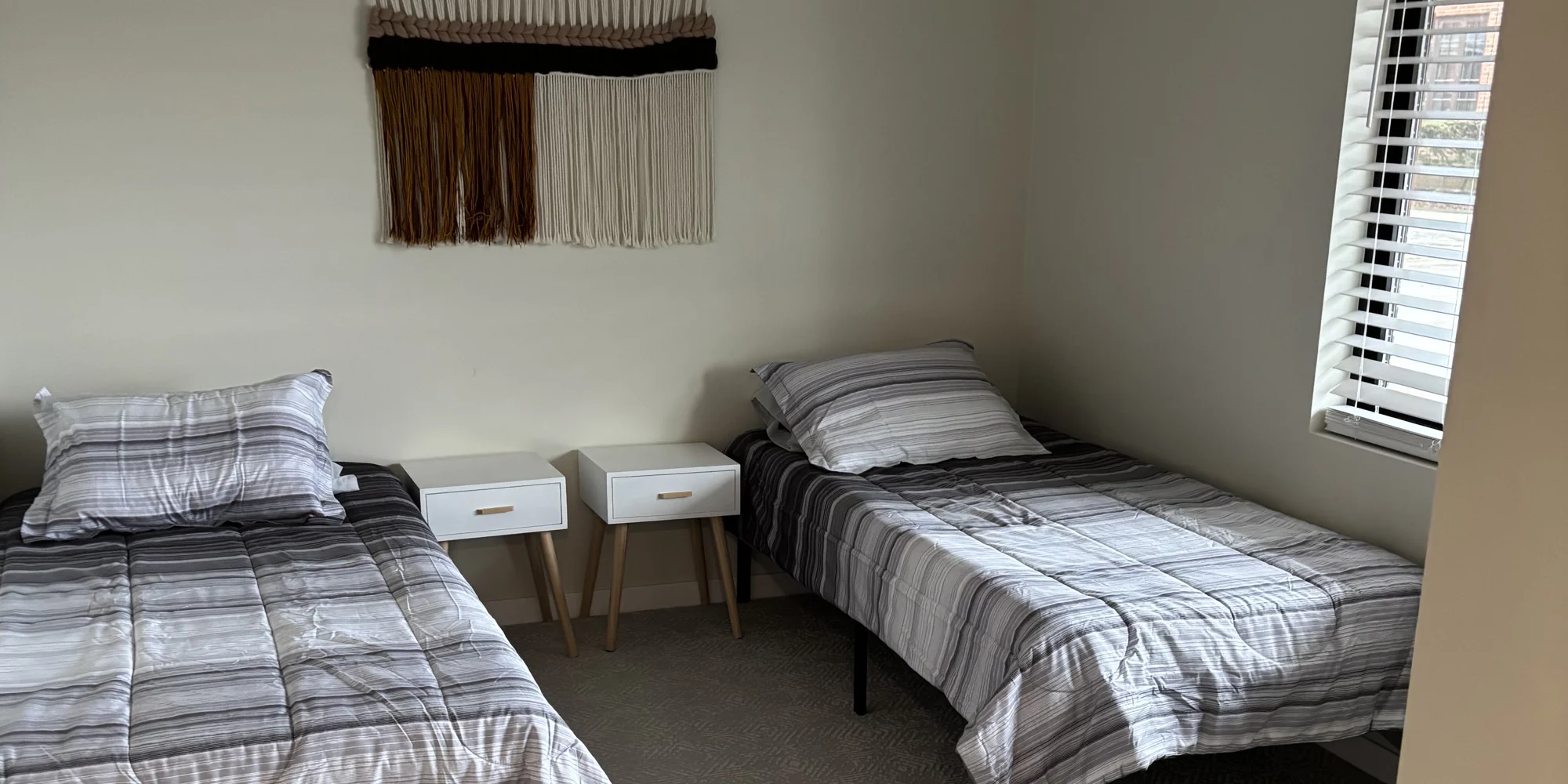Bedroom with two twin beds, dresser, pillows, and gray bedding.
