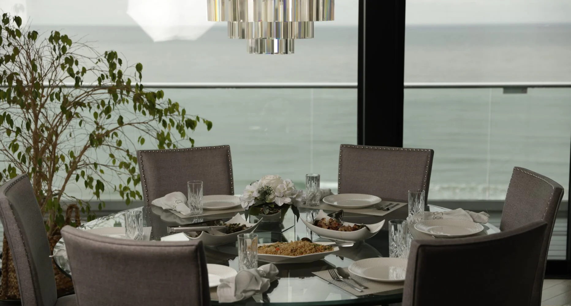 Dining setup with seating and a table.