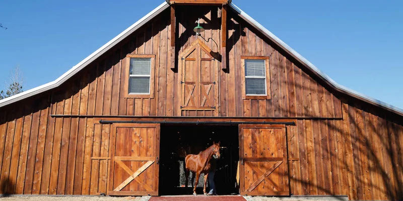 Large wooden barn with a horse at the entrance