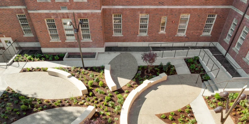 Aerial view of the rehab facility with surrounding gardens.