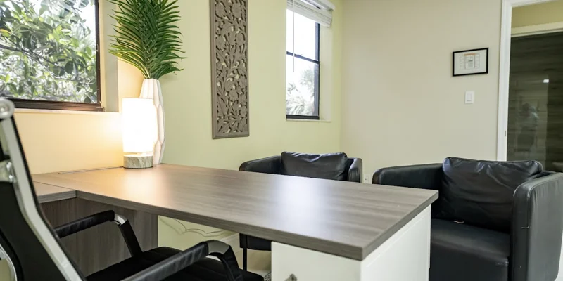 Desk with chairs and decor in a sunlit office space