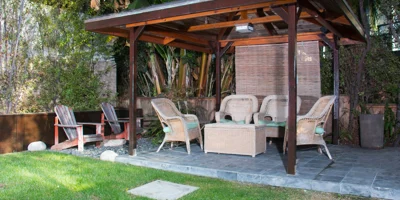 Shaded gazebo with seating.