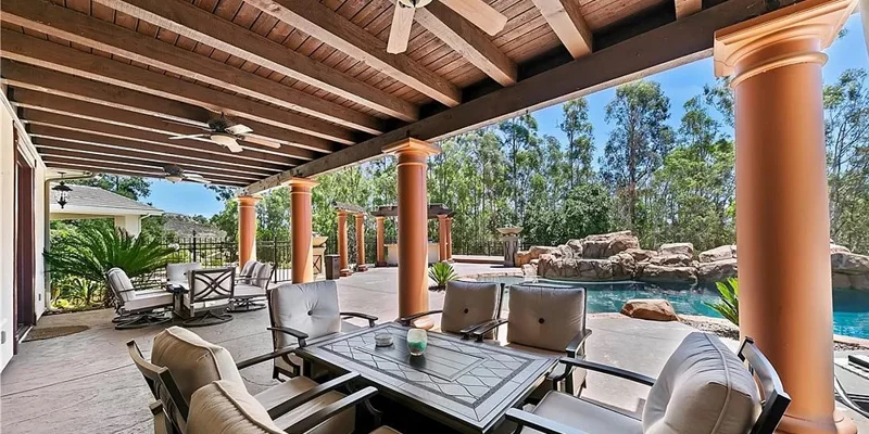Patio with chairs and a pool.