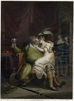Falstaff cuddling Doll Tearsheet in a scene from a Shakespeare play