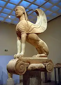 The "Naxian Sphinx" from Delphi, 570–560 BCE, the figure 222&nbsp;cm (87&nbsp;in) high