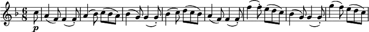 \new Score {
\new Staff {
\relative c'' {
\time 6/8
\key f \major
\clef treble
\set Score.tempoHideNote = ##t
\tempo 4. = 120
\partial 8 c8\p | a4( f8) f4( f8-.) | a4( bes8) c( bes a) | bes4( g8) g4( g8-.) | bes4( c8) d( c bes) |
a4( f8) f4( f8-.) | f'4( f8-.) e( d c) | bes4( g8) g4( g8-.) | g'4( f8) e( d c) |
}
}
}