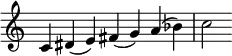 {
\override Score.TimeSignature #'stencil = ##f
\relative c' {
\clef treble \time 7/4
c4 dis (e) fis (g) a (bes) c2
} }