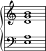 {
\override Score.TimeSignature #'stencil = ##f
\relative c' { \new PianoStaff <<
\new Staff { \clef treble \time 4/4 \hide Staff.TimeSignature <d g b>1 }
\new Staff { \clef bass \time 4/4 \hide Staff.TimeSignature <e, a>1 }
>> } }