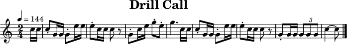 \header {
title = "Drill Call"
tagline = ##f
}
\paper {
#(layout-set-staff-size 18)
}
\score {
\relative c'' {
\tempo 4=144
\key c \major
\time 2/4
\set Staff.midiInstrument = #"french horn"
\partial 8
c16 c16
c8-. g16 g16 g8-. e'16 e16
e8-. c16 c16 c8 r8
g8-. c16 e16 g8-. e8-.
g4. c,16 c16
c8-. g16 g16 g8-. e'16 e16
e8-. c16 c16 c8 r8
g8-. g16 g16 \times 2/3 { g8 g8 g8 }
c4 ~ c8
\bar "|."
}
\layout { }
\midi { }
}