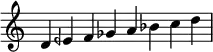 \relative c' {
\time 8/4 \omit Staff.TimeSignature
d4 eeh f ges a bes c d \bar "|"
}