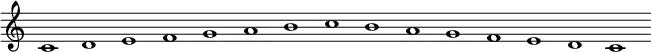 \relative c' {
c1 d1 e1 f1 g1 a1 b1 c1 b1 a1 g1 f1 e1 d1 c1
}
\layout {
\context {
\Staff
\remove Time_signature_engraver
\remove Bar_engraver
}
}
\midi {
\tempo 1 = 120
}