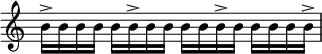 {
\override Score.TimeSignature #'stencil = ##f
\relative c'' {
b16-> b b b b b-> b b b b b-> b b b b b->
}
}