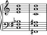 {
\override Score.TimeSignature #'stencil = ##f
\relative c' { \new PianoStaff <<
\new Staff { \clef treble \time 4/4 <e a d>1 <c a' d>1 }
\new Staff { \clef bass \time 4/4 <c, fis bes>1 <fis, e' ais>1 }
>> } }