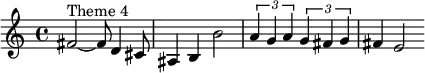 \relative c' {fis2^"Theme 4"~ fis8 d4 cis8 ais4 b b'2 \times2/3 { a4 g a }\times2/3 { g4 fis g } fis e2}