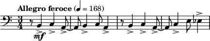 { \set Staff.midiInstrument = "bassoon" \language "english" \clef bass \key a \minor \time 3/4 \tempo "Allegro feroce" 4 = 168 \relative { r8 b,4->\mf c-> a8~-> a b4-> c8 a4-> r8 b4-> c-> a8~-> a c4-> e8 ef4-> } }