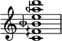 {
\override Score.TimeSignature #'stencil = ##f
\relative c' {
\clef treble \time 4/4 <c fih beseh e aeh d>1
} }