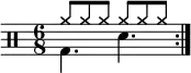\new Staff <<
\new voice \relative c' {
\clef percussion
\numericTimeSignature
\time 6/8
\set Score.tempoHideNote = ##t \tempo 4. = 80
\stemDown \repeat volta 2 { g4. d' }
}
\new voice \relative c'' {
\override NoteHead.style = #'cross
\stemUp \repeat volta 2 { a8 a a a a a }
}
>>