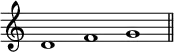 \relative c' {
\cadenzaOn \omit Staff.TimeSignature
\tempo 1 = 90 \set Score.tempoHideNote = ##t
d1 f g \bar "||"
}