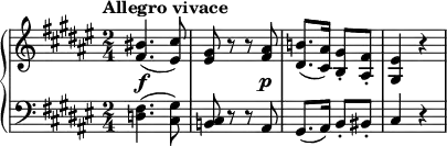 {
\new PianoStaff <<
\new Staff <<
\relative c' {
\tempo "Allegro vivace"
\clef treble \key fis \major \time 2/4
\override DynamicLineSpanner.staff-padding = #2.8
<fis bis>4.(\f <eis cis'>8)
<eis gis> r r <fis ais>\p
<dis b'!>8.( <cis ais'>16) <b gis'>8-. <ais fis'>-.
<gis eis'>4 r
}
>>
\new Staff <<
\relative c {
\clef bass \key fis \major \time 2/4
<d fis>4.( <cis gis'>8)
<b! cis> r r ais
gis8.( ais16) b8-. bis-.
cis4 r
}
>>
>> }