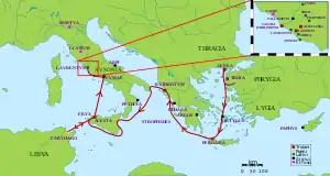 Image 31Aeneas's route in Virgil's Aeneid. The epic poem was written in the early first century BC. (from Founding of Rome)