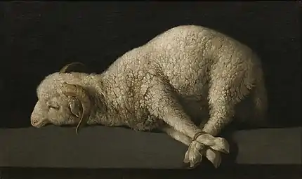 Bodegón with a religious theme — Lamb of God.Agnus Dei by Francisco de Zurbarán;  1635–40, 37 × 62&nbsp;cm, Prado Museum.