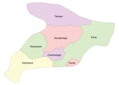 Location of Taleqan County in Alborz province (top, purple)