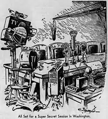 Television cameras surround an empty table with four microphones labeled WAHU, WUWU, WURZ and WHIM