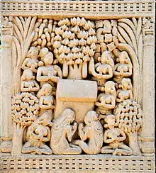 King Bimbisara of Magadha visits the Bamboo Garden (Venuvana) in Rajagriha; artwork from Sanchi.