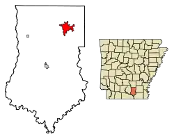 Location of Warren in Bradley County, Arkansas.