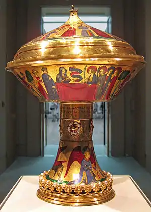 The Royal Gold Cup with basse-taille enamels; weight 1.935&nbsp;kg, British Museum. Saint Agnes appears to her friends in a vision.