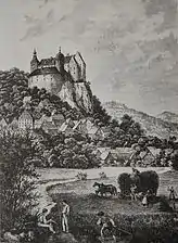 The castle and village of Egloffstein on a wood engraving by E.&nbsp;Hofmann (c. 1880)
