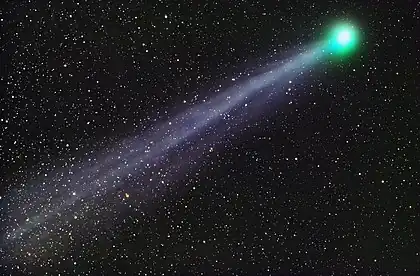 Image 11C/2014 Q2 (Lovejoy)Photograph: John VermetteC/2014 Q2 (Lovejoy) is a long-period comet discovered in 2014 by Australian astronomer Terry Lovejoy using a 0.2-meter (8 in) Schmidt–Cassegrain telescope. It was discovered at apparent magnitude 15 in the southern constellation of Puppis, and is the fifth comet discovered by Lovejoy. Its blue-green glow is the result of organic molecules and water released by the comet fluorescing under the harsh UV and optical light of the sun as it passes through space.More selected pictures