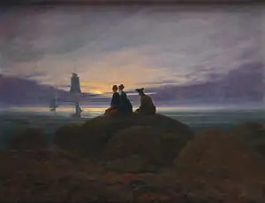 Moonrise over the Sea (1822). 55 × 71&nbsp;cm. Alte Nationalgalerie, Berlin. From the early 1820s, human figures appear with increasing frequency in his paintings.