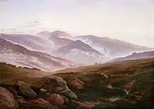 The Giant Mountains (1830–1835). 72 × 102&nbsp;cm. Alte Nationalgalerie, Berlin. Friedrich sought  to explore the blissful enjoyment of a landscape as a reunion with the spiritual self through the contemplation of nature.